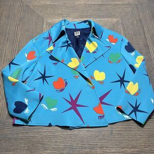 Anne Klein Hearts Stars Open Lined Jacket Blazer Bright Blue‎ Multi-Color Sz 14